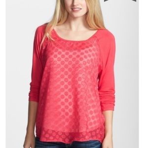 Bobeau Raglan Sleeve Sheer Textured Top - Pink - M